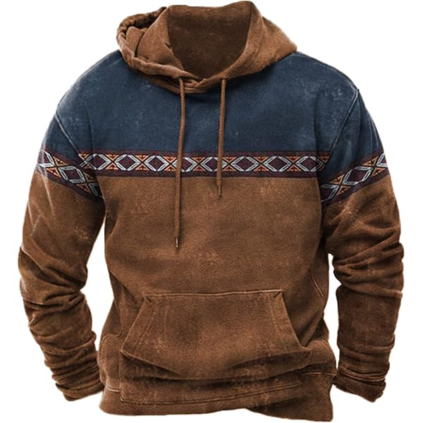 トップス antimid PIGMENT BACK PRINT HOODIE Aztec Hoodies for Men Retro Ethnic Tribal Print Long Sleeve Hooded